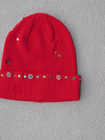 Red distressed jewel beanie