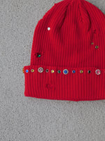 Red distressed jewel beanie