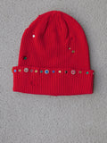 Red distressed jewel beanie